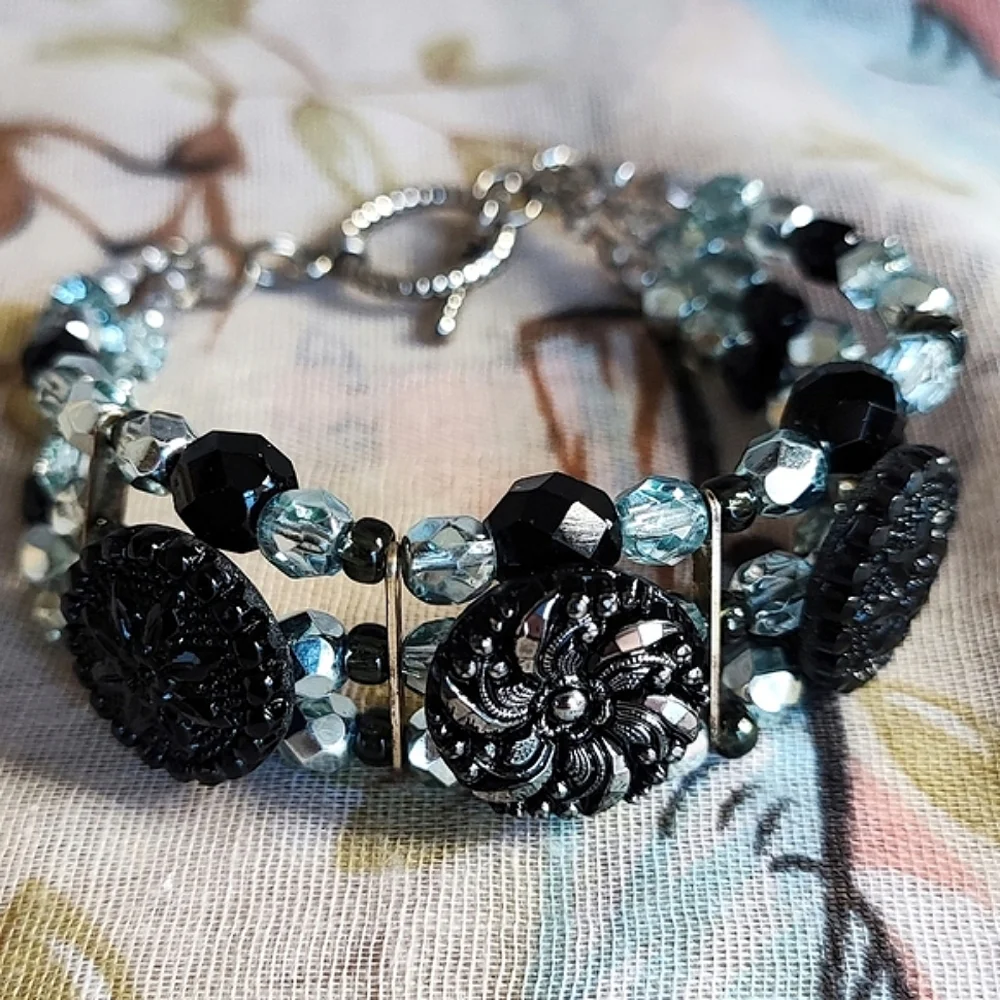 Glass Button Icy Blue Beaded Silver Tone Triple Strand Toggle Clasp Bracelet